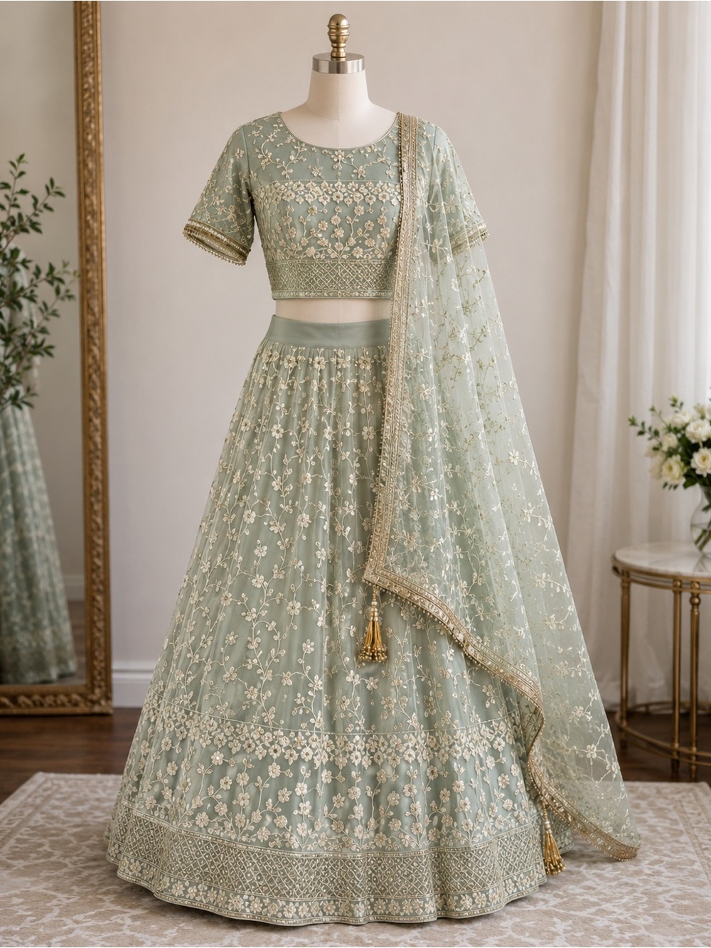House of Indya Sage Embroidered Lehenga Set | US 12 | Worn Once